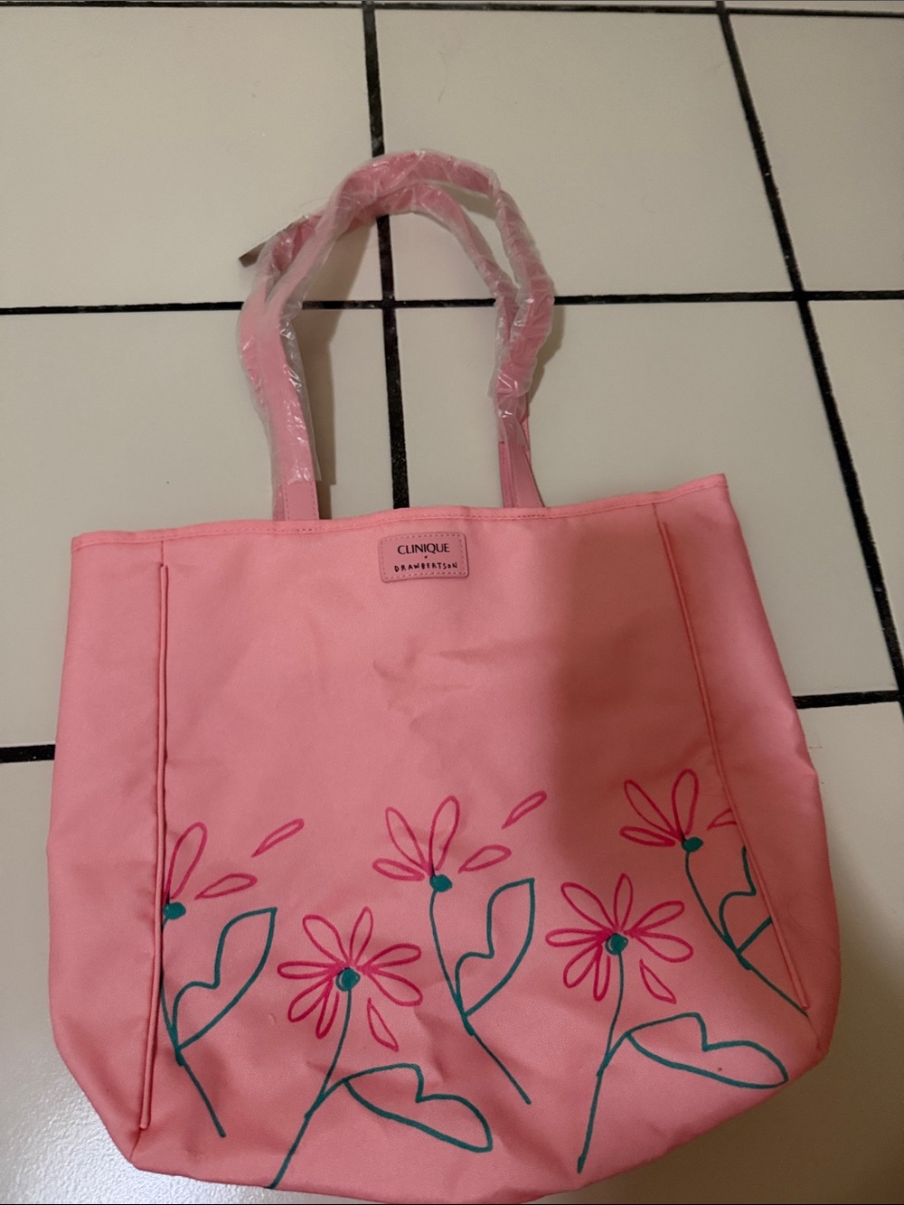 Clinique Pink Floral Tote with Teal Accents